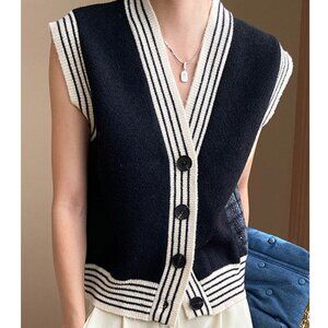 Chicwish | Contrast Striped Edge V-Neck Buttoned Knit Vest in Black | S-M